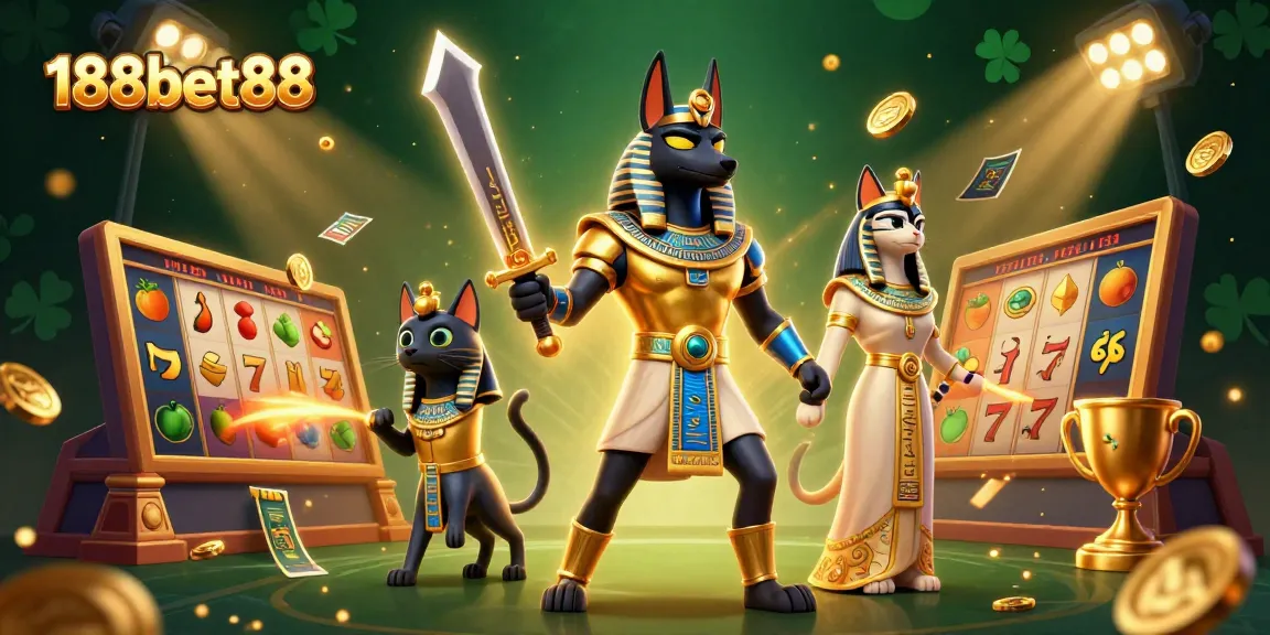 Experience thrilling gaming at 188bet88 with dynamic ancient Egyptian characters in a rich, packed casino scene.