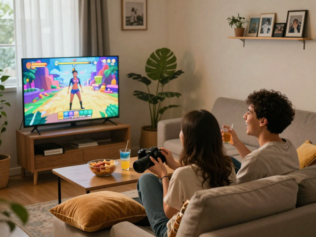 Intimate scene of couple enjoying a sex game together in a cozy living room.