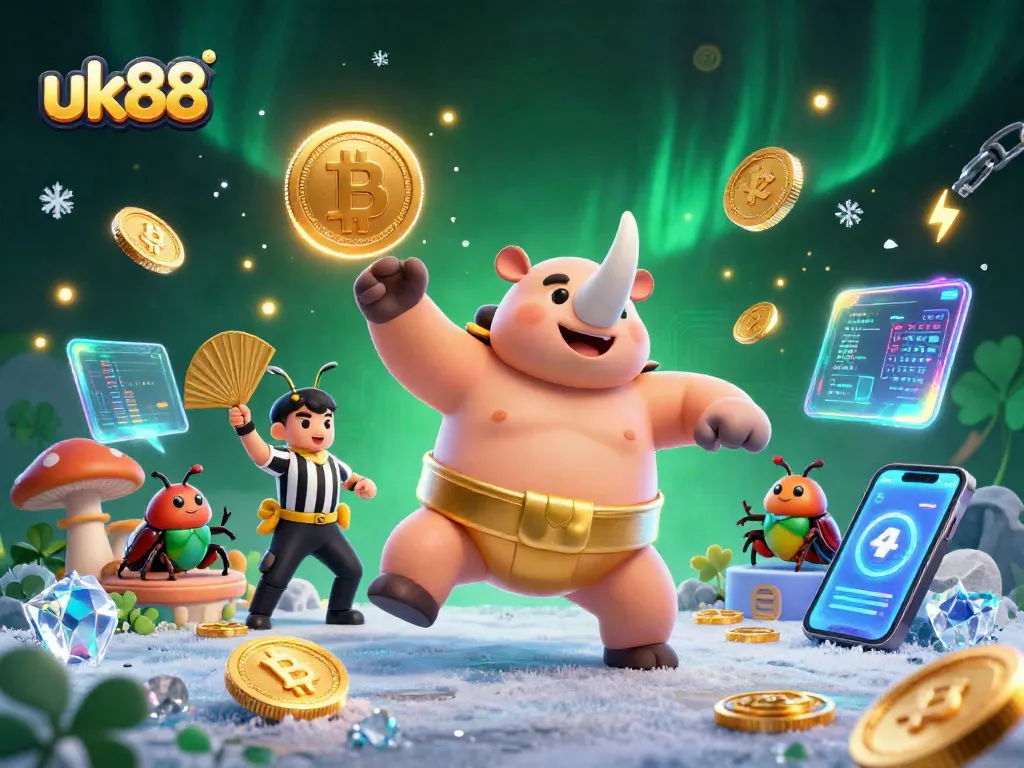 Experience the excitement of uk88 with a dynamic illustration showcasing a rhinoceros beetle champion amidst flying coins and crypto elements