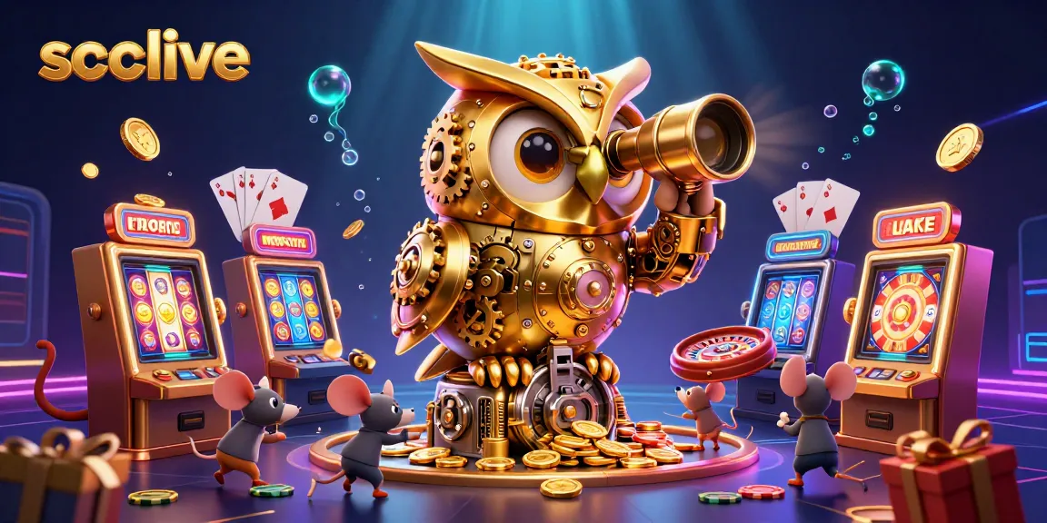 Socolive enhances excitement with a clockwork owl and animated gambling elements on a vibrant casino floor.