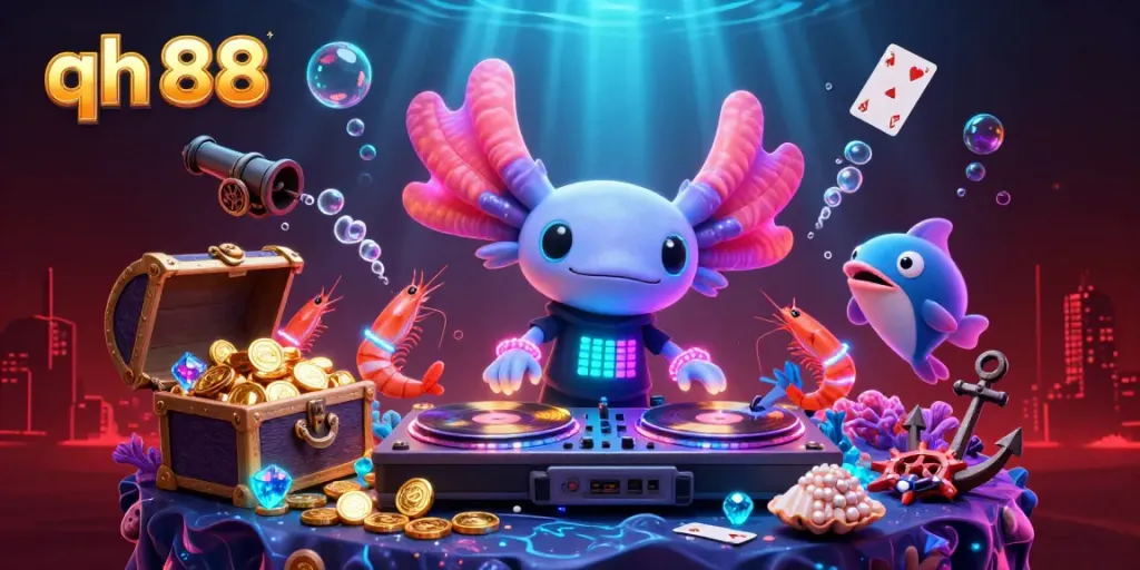 Engage in the lively world of qh 88 with a neon-colored axolotl DJ, shrimp dancers, and underwater treasures.