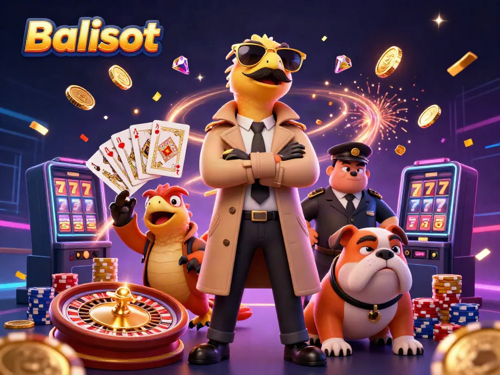 Experience Balislot with three comically disguised raptors aiming to enter a VIP casino lounge.