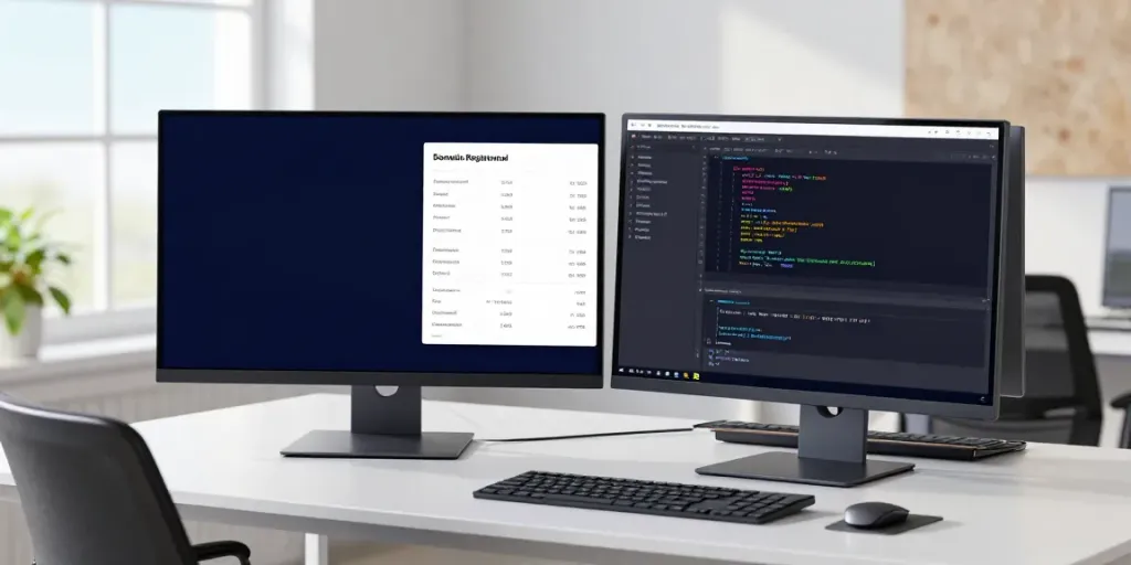 UK domain renewal prices displayed in a developer workspace with coding software and vibrant tech elements.