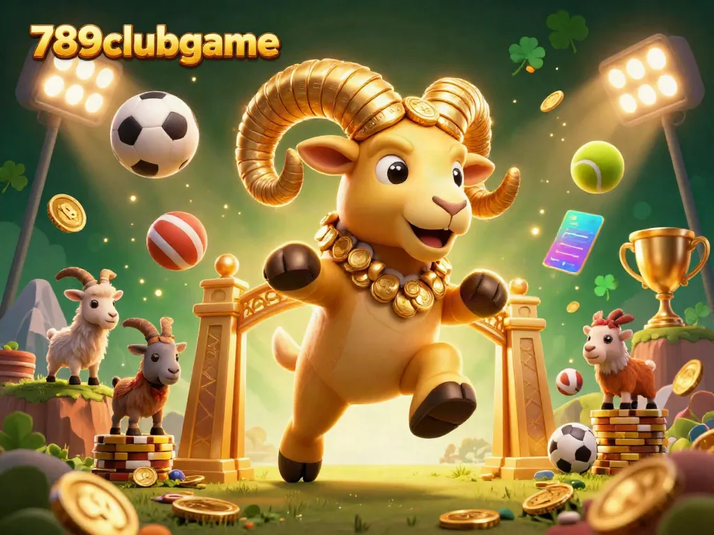 Engage with thrilling gambling experiences at 789clubgame with dynamic sports elements and a golden ram symbolizing success.