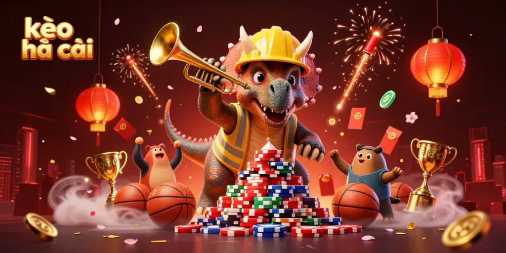 Engage with kèo nhà cái as a cartoon triceratops builds a colorful pyramid of poker chips.