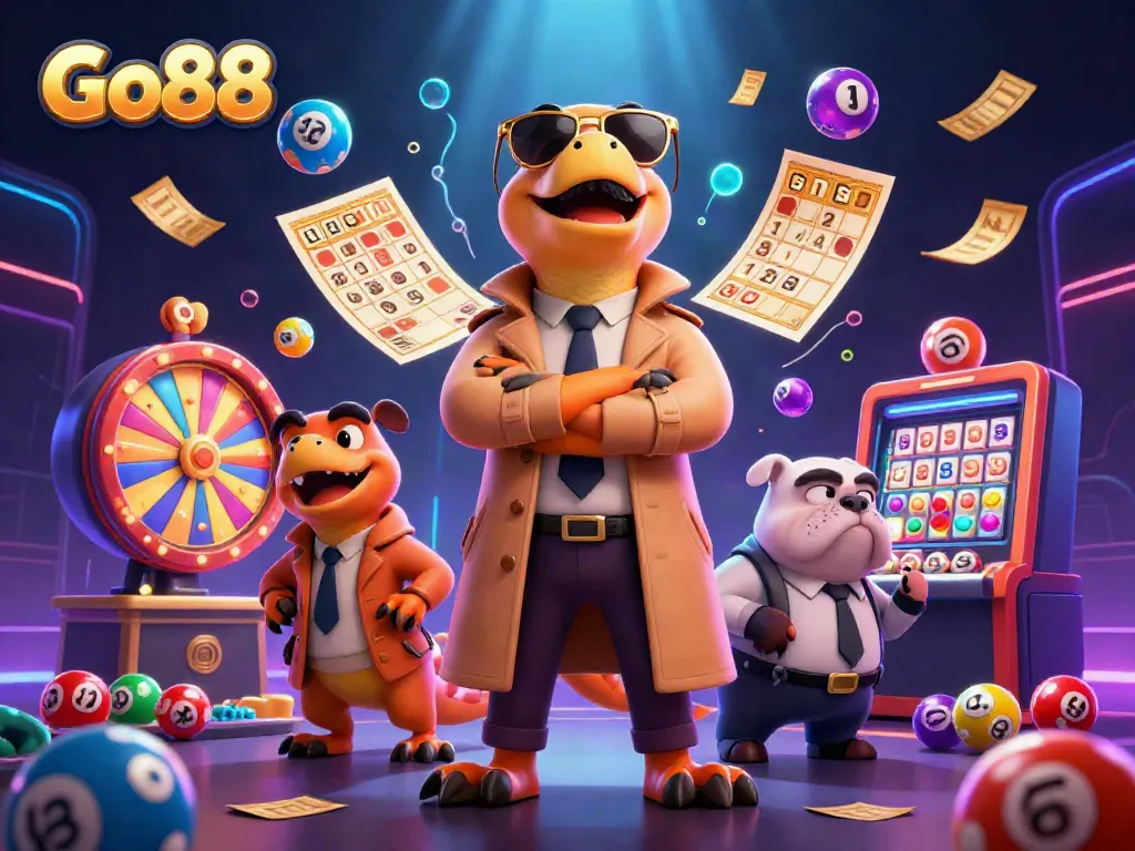 Experience thrilling games at Go88 with an epic casino illustration featuring three raptors in disguise.