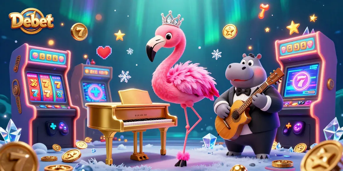 Engage with Debet's vibrant casino scene featuring a flamingo singer at a golden piano surrounded by slot machines and animated lights.