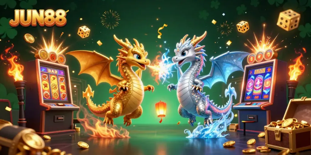 Experience thrilling gameplay at JUN88 with enchanting dragon symbols and vibrant casino elements.