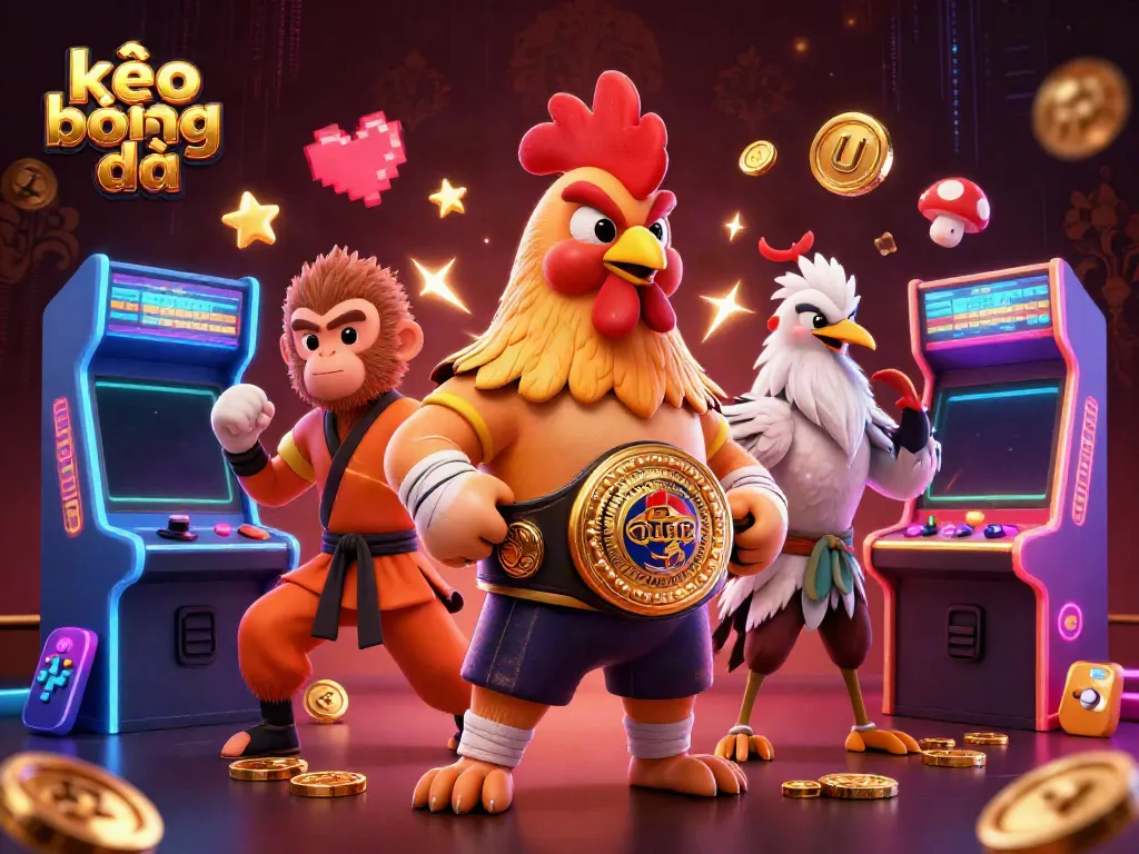 Kèo bóng đá features vibrant characters like a Muay Thai rooster and a Shaolin monkey in a dynamic betting scene.