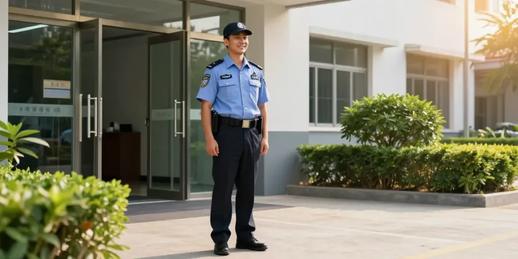 Security Guard at a corporate building entrance, showcasing trusted local service.