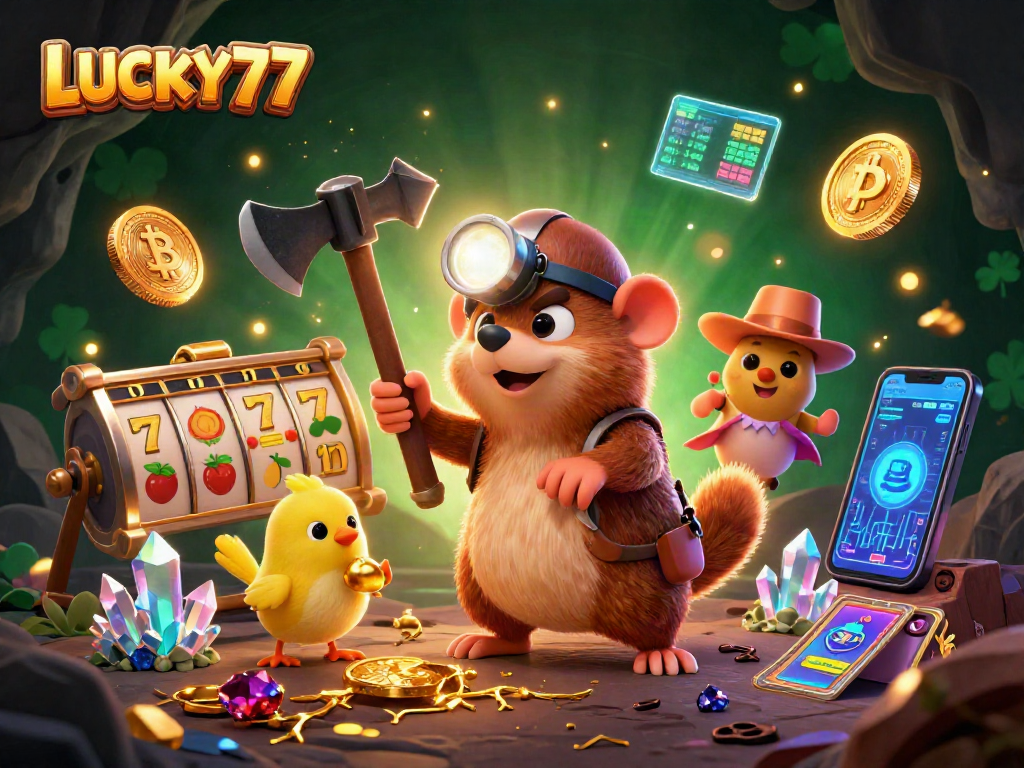 Engage with LUCKY77 through a vibrant 3D casino scene showcasing slots, coins, and characters.