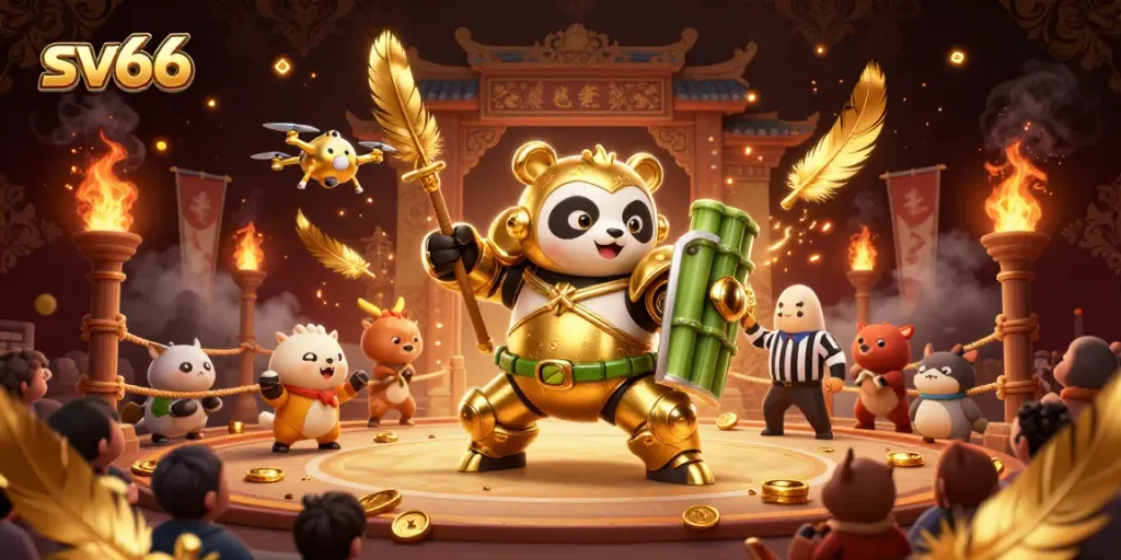 Engage with sv66 at the adrenaline-fueled arena, where the golden panda battles amidst cheering fans and dazzling casino visuals.