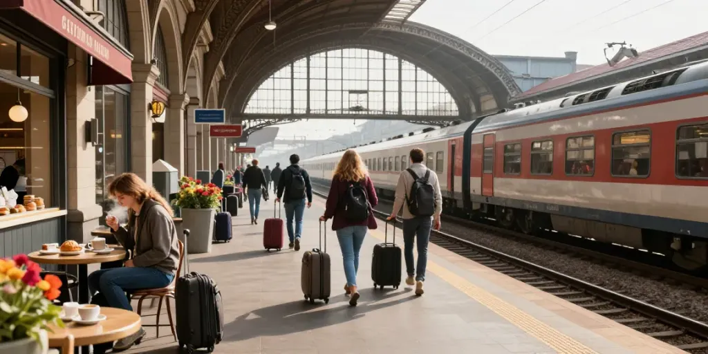 Excited travelers booking advance train tickets at a European station.
