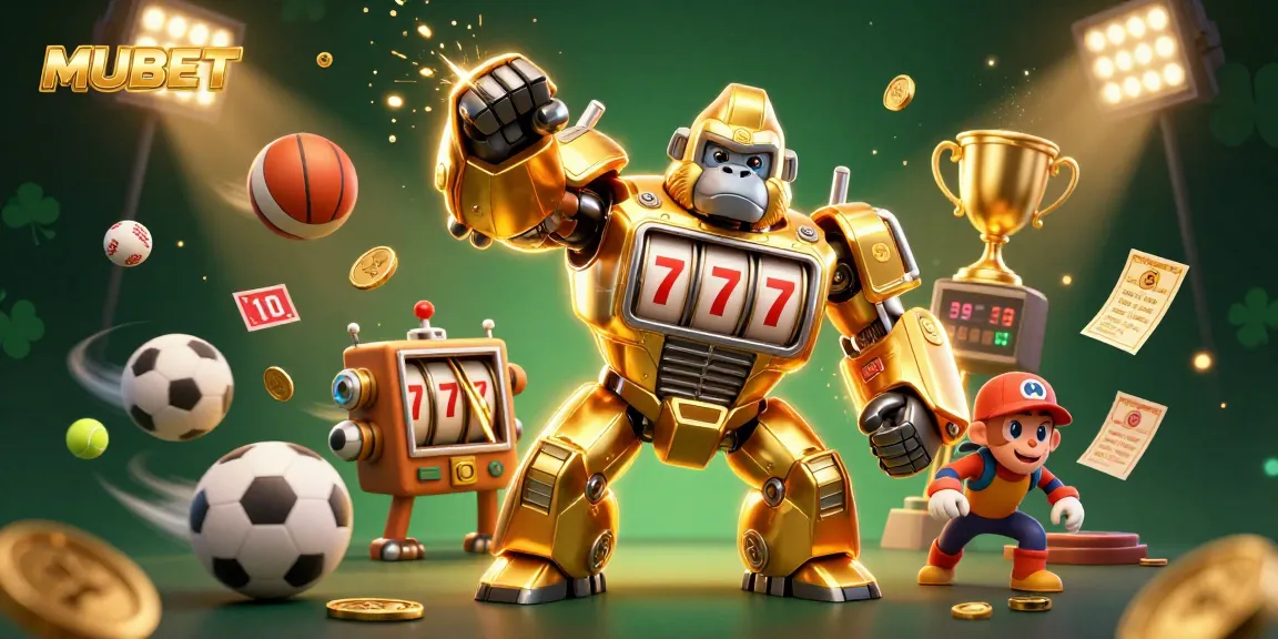 MUBET unleashes a powerful gaming experience with a mechanized gorilla and vibrant sports elements
