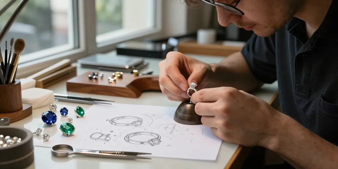 Artisan crafting luxury engagement rings with exquisite gemstones in a bright jewelry studio.