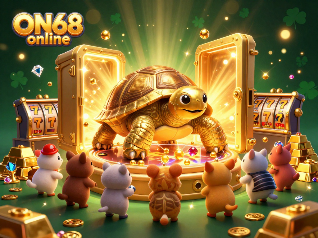 Play thrilling games at ON68 online in a vibrant casino scene featuring animated characters and luxurious gems.
