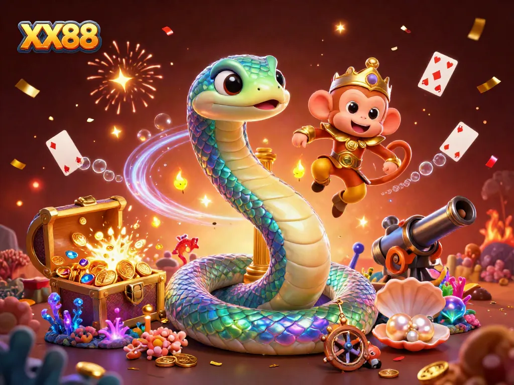 Engage with the thrilling world of XX88 with vibrant 3D characters surrounded by casino elements.