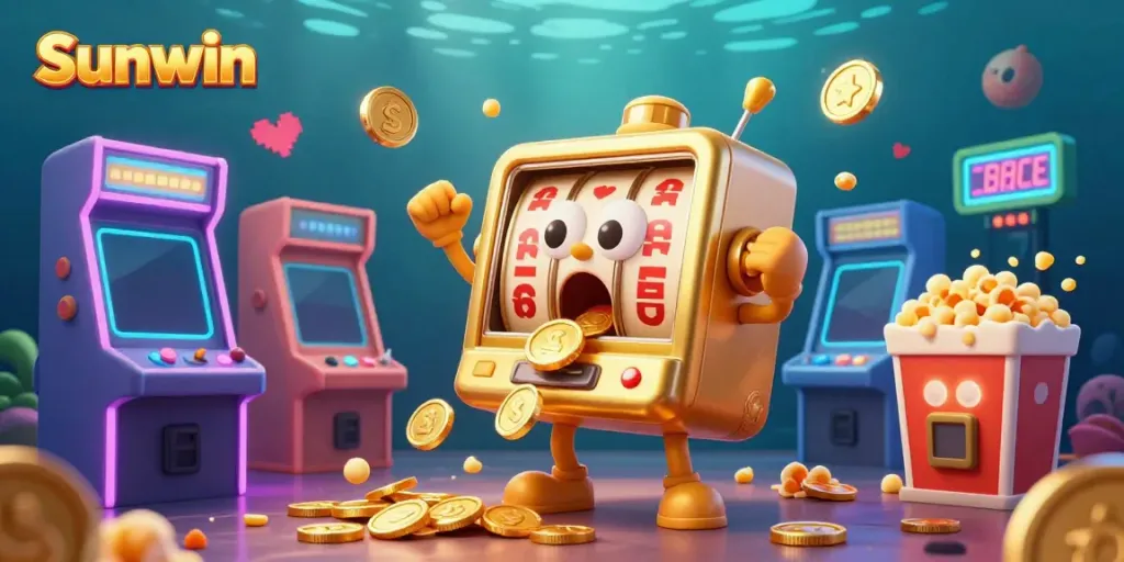 Sunwin slot machine celebrating a jackpot amid lively casino elements and vibrant 3D visuals.