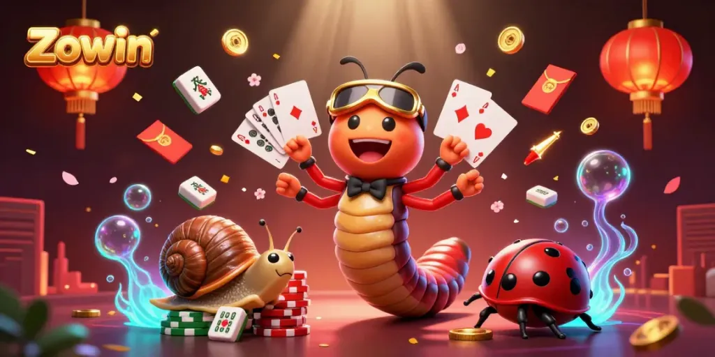 Zowin celebrates gaming excitement with a cartoon millipede dealer and high-roller snail amid vibrant casino elements.