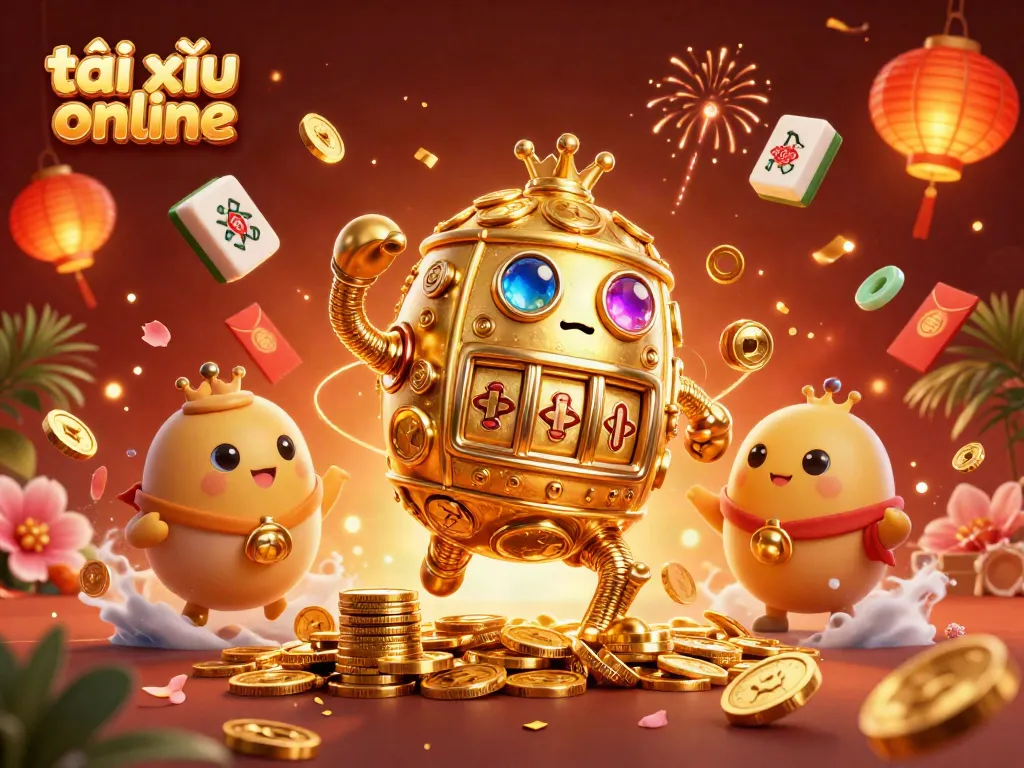 Engaging scene showcasing tài xỉu online with animated golem and festive elements.