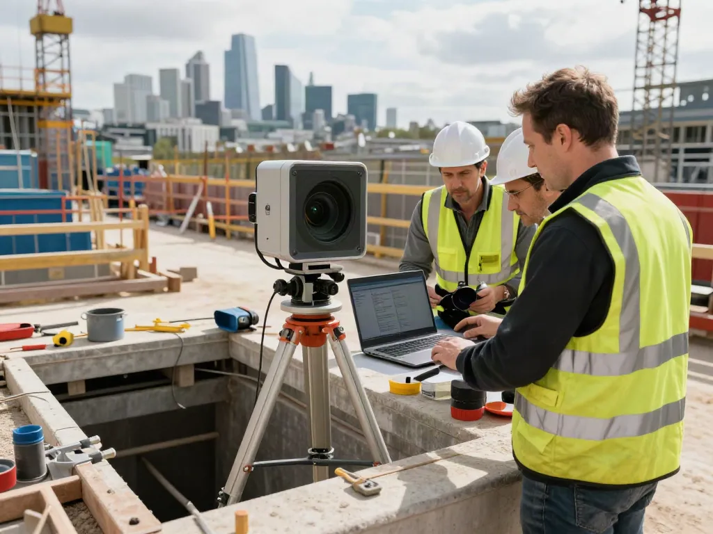 Underground Utility Mapping London scene with surveyor using ground-penetrating radar in urban setting.