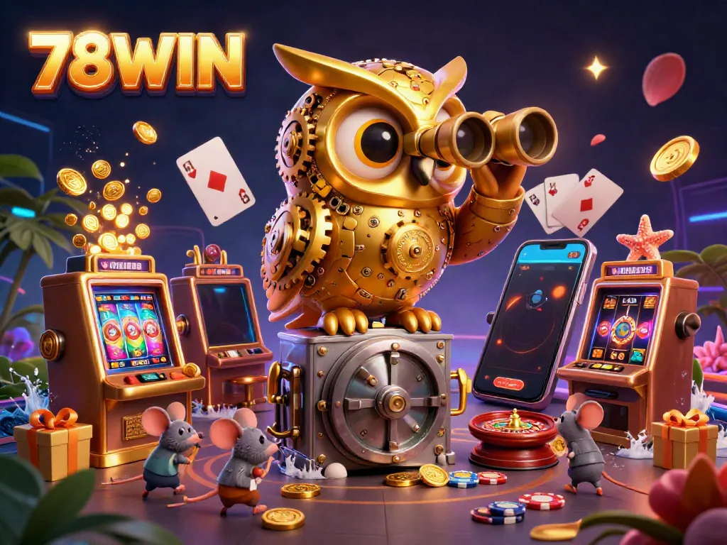 Experience the vibrant world of 78WIN with a dynamic 3D illustration featuring a golden owl and engaging casino elements.