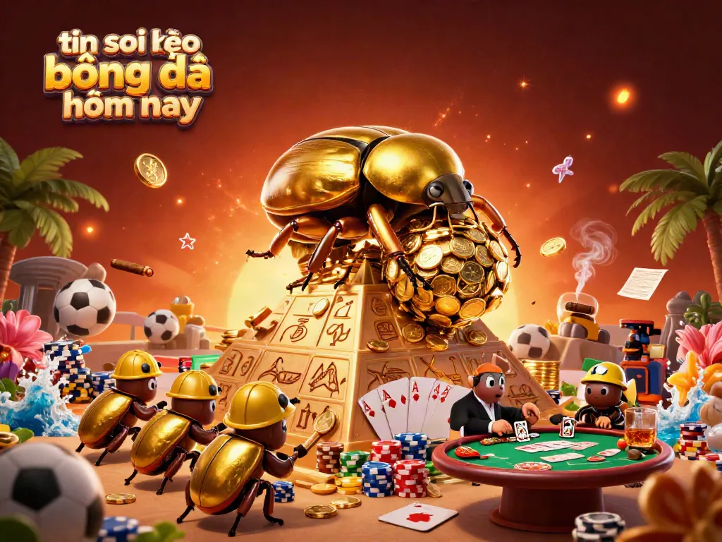 Engaging action scene of 'tin soi kèo bóng đá hôm nay' featuring golden beetles rolling coins, sports elements, and vibrant casino graphics.