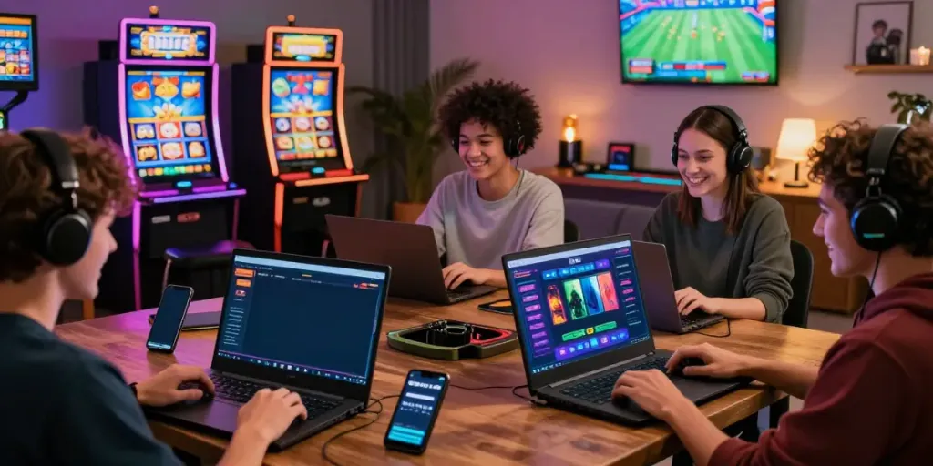 Dynamic gaming scene with players enjoying GEM88 platform, showcasing interactive gaming and vibrant atmosphere.