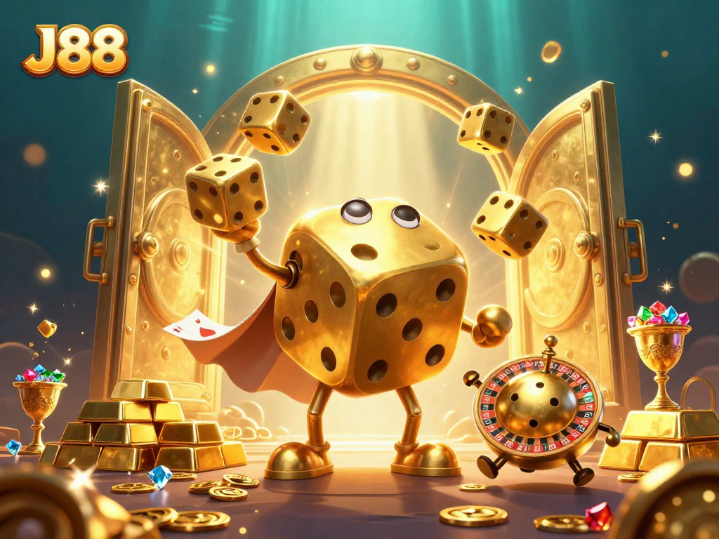 Experience thrilling gameplay with J88's animated characters amidst a treasure-filled casino landscape.
