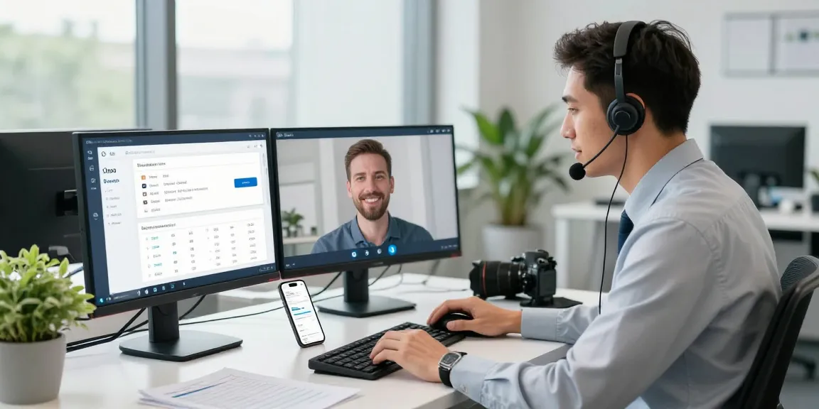 Support agent using O2 portal for business telecom solutions in modern office.