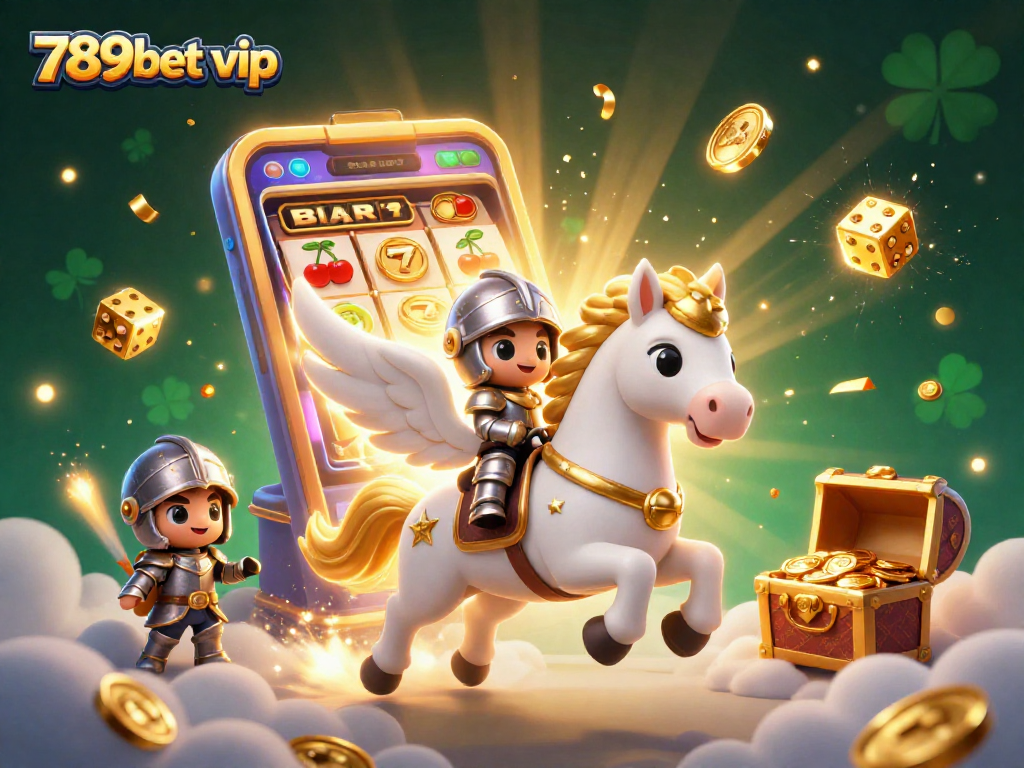 Experience 789bet vip with a celestial knight amid vibrant casino elements and dazzling jackpots.