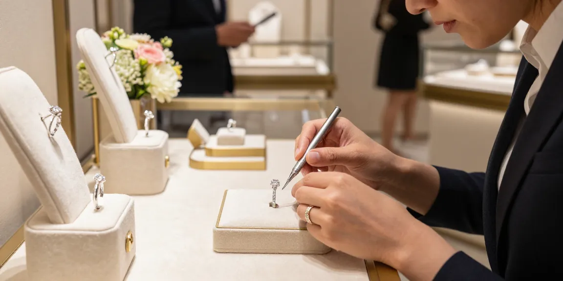 Luxury engagement rings displayed in a boutique with a jeweler polishing a diamond ring.