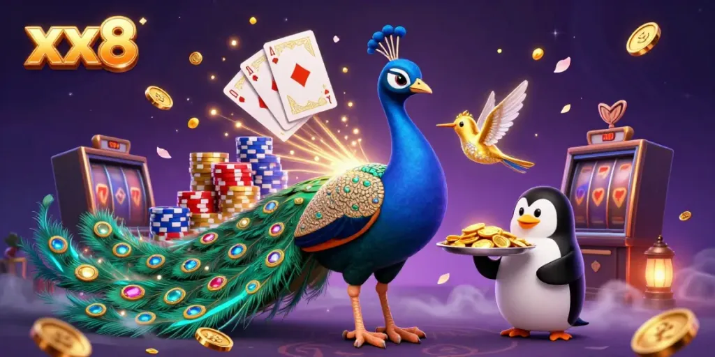 Engage with xx8's vibrant casino illustration showcasing majestic peacock, money, and winning elements.