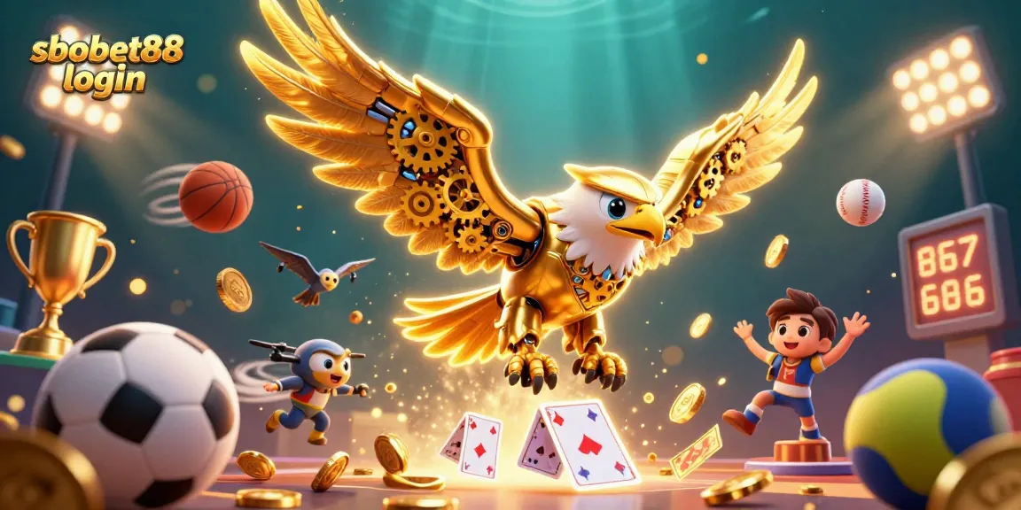 Experience sbobet88 login with this dynamic sports betting illustration featuring golden eagle and vibrant elements.