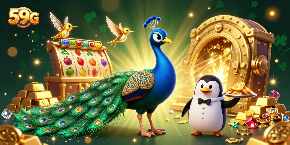 Experience amazing wins at 59G, featuring a vibrant casino scene with dynamic slot elements and charming characters.