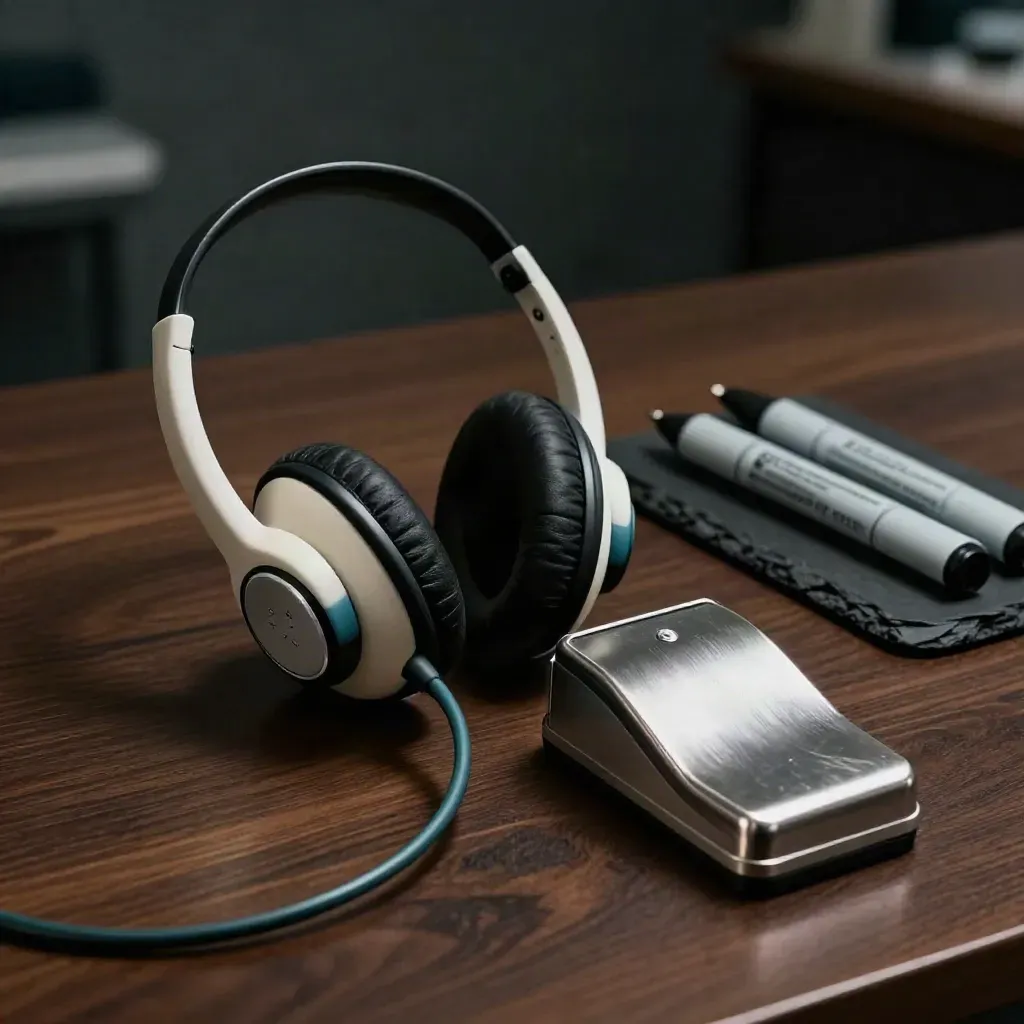 Radiology headset, foot pedal, and lead markers on walnut with teal cable accent