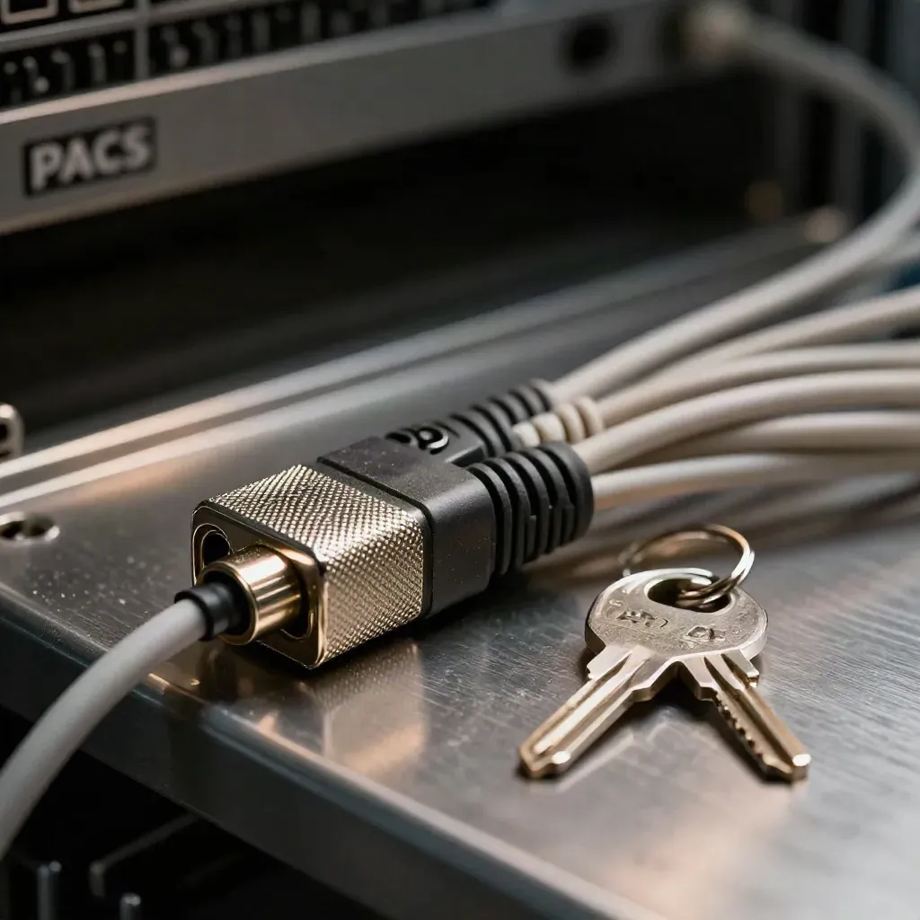 Fibre coupler, rack cables and key ring on a brushed metal tray in low macro