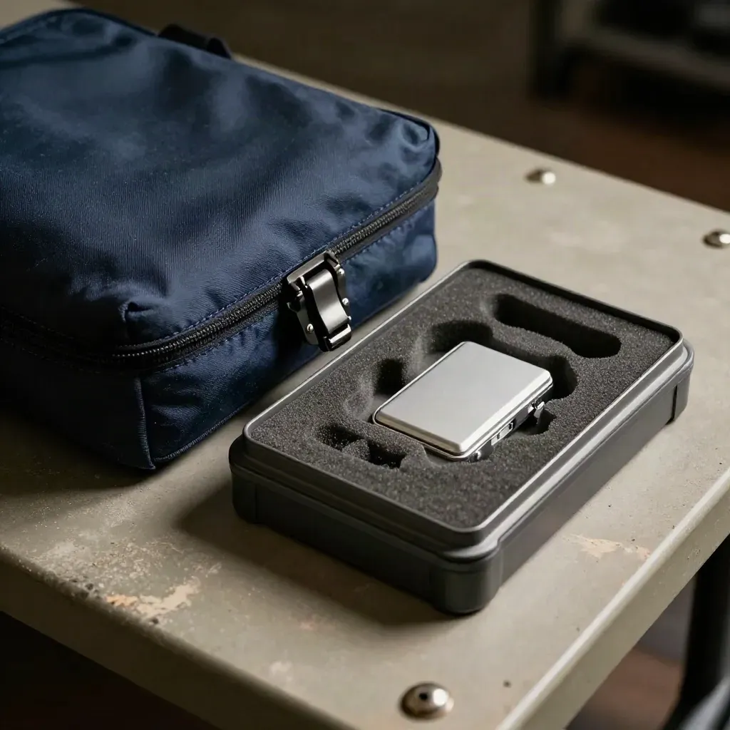 Courier pouch, foam insert and case latch on a hazy transfer bench in top-down macro light.