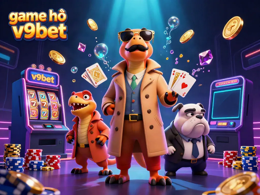 Experience thrilling game nổ hũ v9bet with playful raptors in a VIP casino scene.
