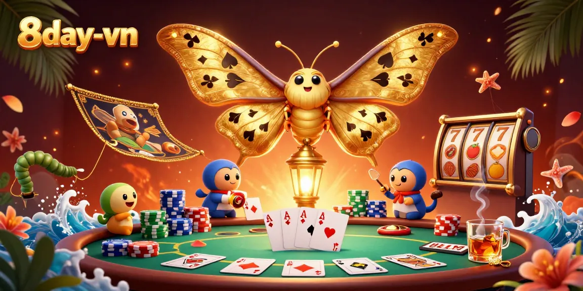 Play and win at 8day-vn with this vibrant casino scene featuring a magical moth and poker elements