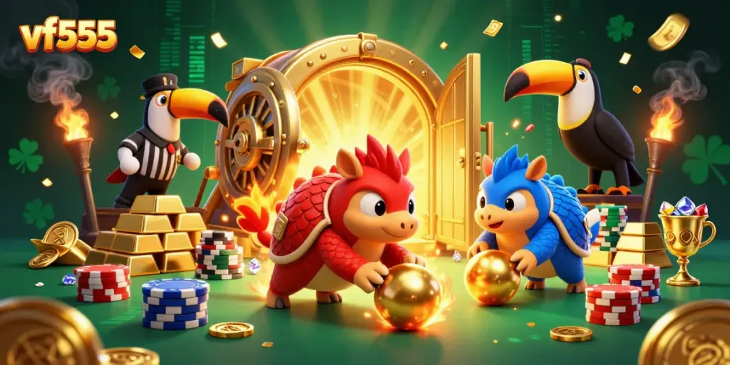 Experience thrilling action at vf555 with rival pangolins bowling through poker chips in a vibrant casino atmosphere.