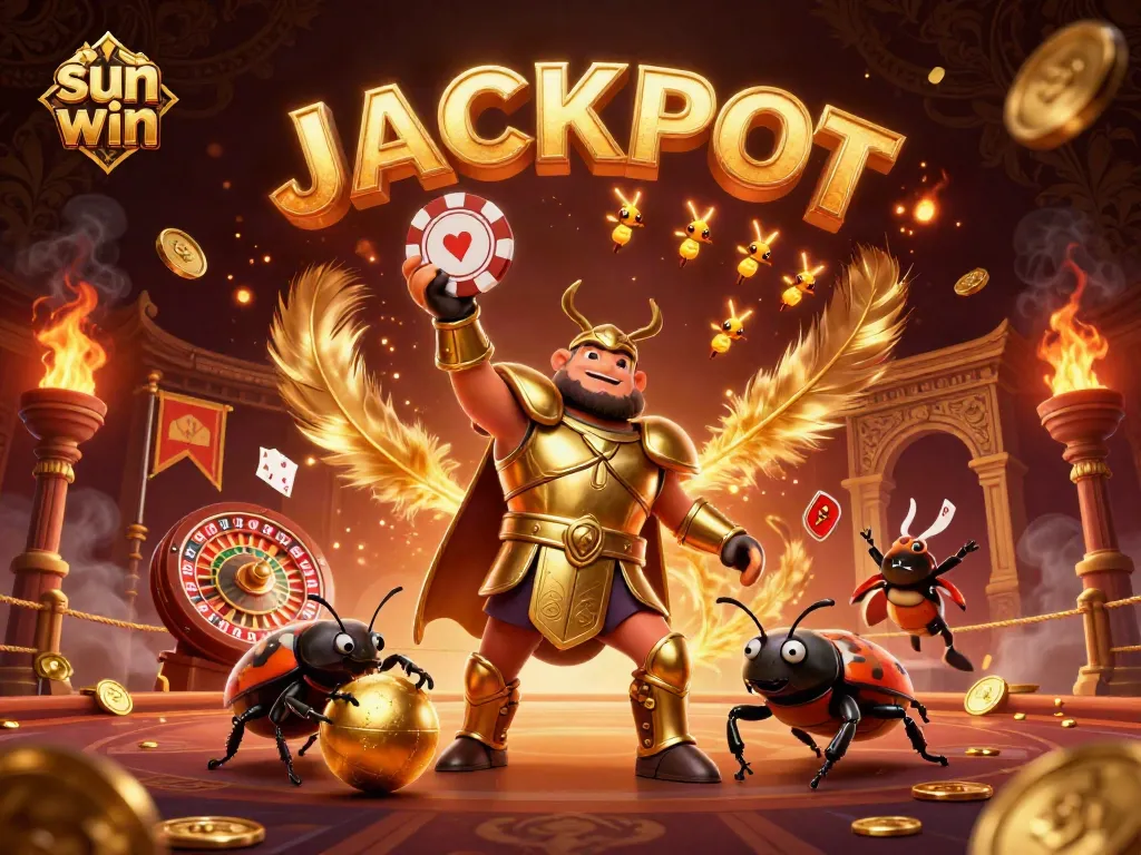 Engage in thrilling gameplay with sun win's victorious beetle characters amidst a lively casino scene.