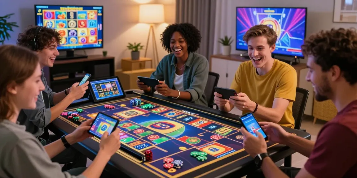Situs slot deposit 10 ribu players enjoying an exciting online slot gaming experience in a cozy living room.