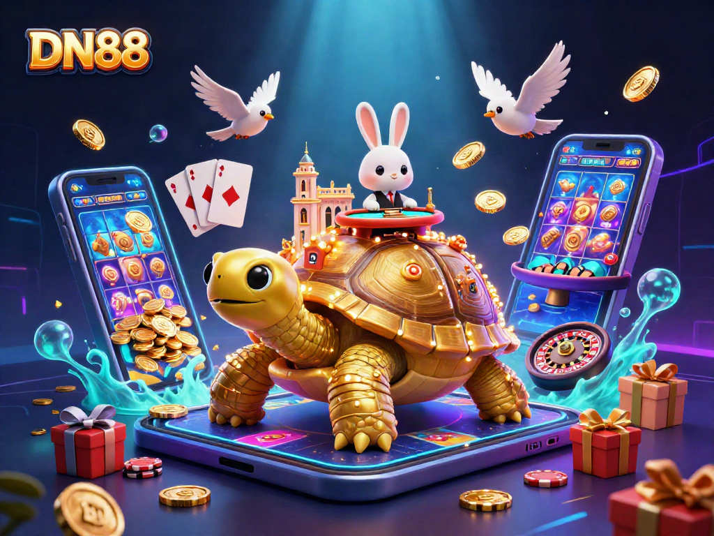 Play thrilling games at DN88 with a vibrant 3D cartoon scene filled with excitement and winning elements.