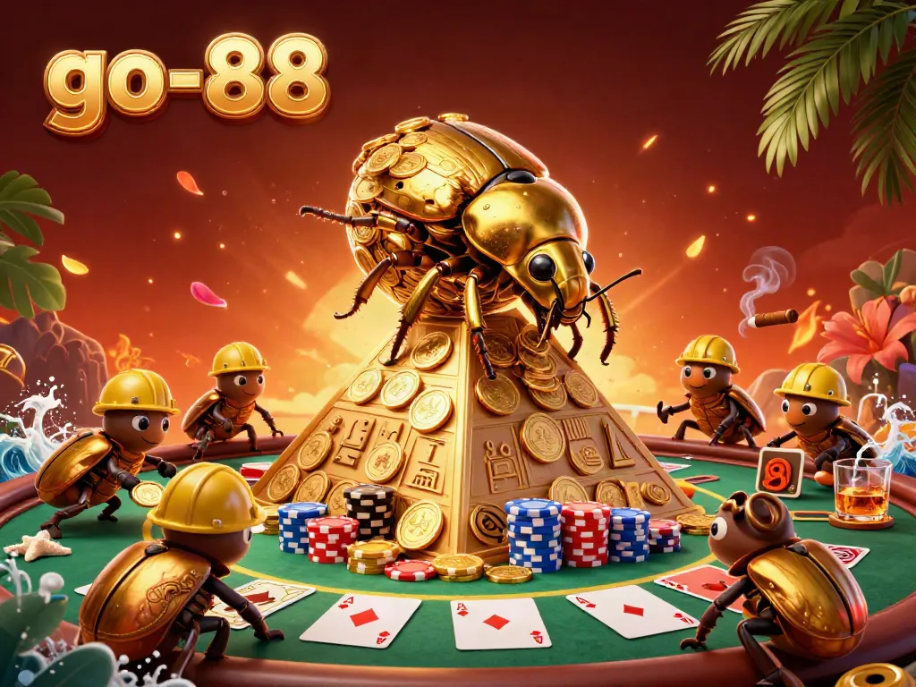 Experience excitement at go-88 as gold coins roll up pyramid alongside poker elements.