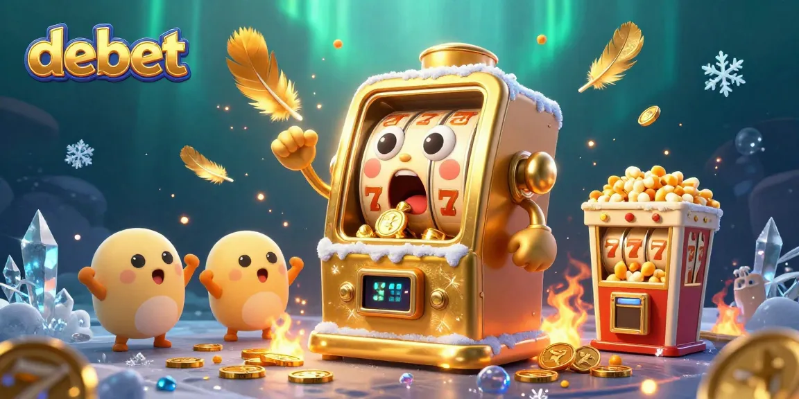 Experience debet's thrilling jackpot celebration with a golden slot machine surrounded by cheering slots and gold coins.
