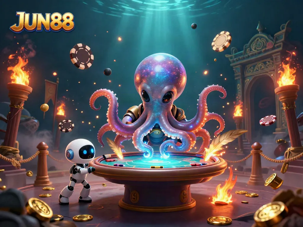 Experience exciting poker action at JUN88 with a vibrant alien octopus and dynamic casino elements.