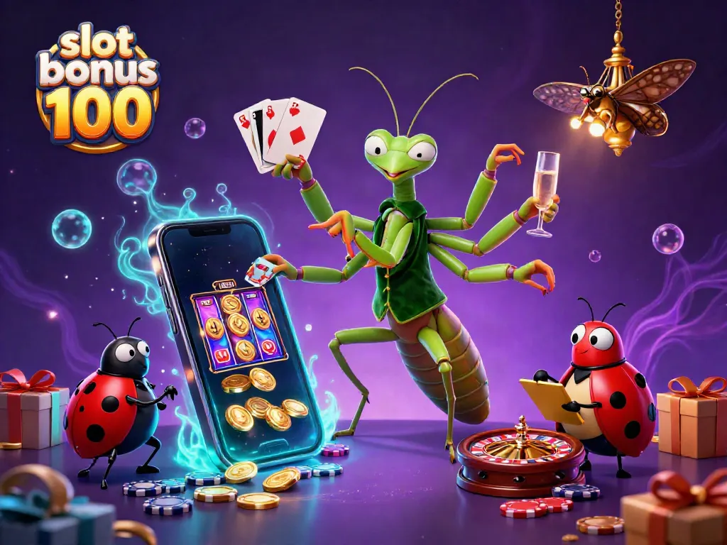 Engage with slot bonus 100 in an immersive 3D casino scene featuring animated characters and vibrant game elements.