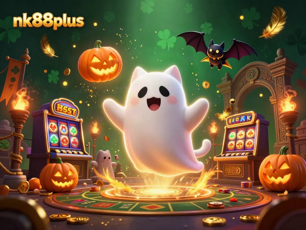 Engage with nk88plus at a vibrant haunted casino with playful ghost cat and vampire bat.