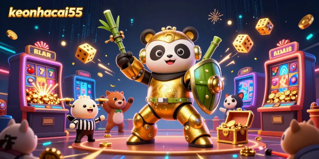 keonhacai55 features a dynamic scene of a golden panda piloting a robot, surrounded by casino elements and vibrant celebrations.